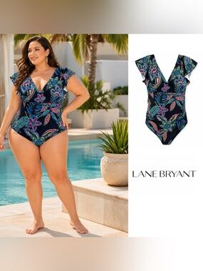 NEW Lane Bryant Janeiro Floral Maritime Blue No-Wire Flutter-Sleeve One-Piece